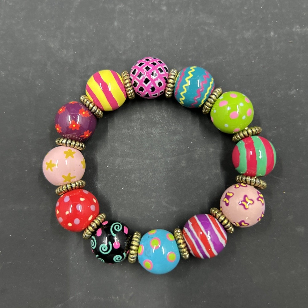 Vintage Chunky Beaded Folk Art Stretch Bracelet - Picture 2 of 3